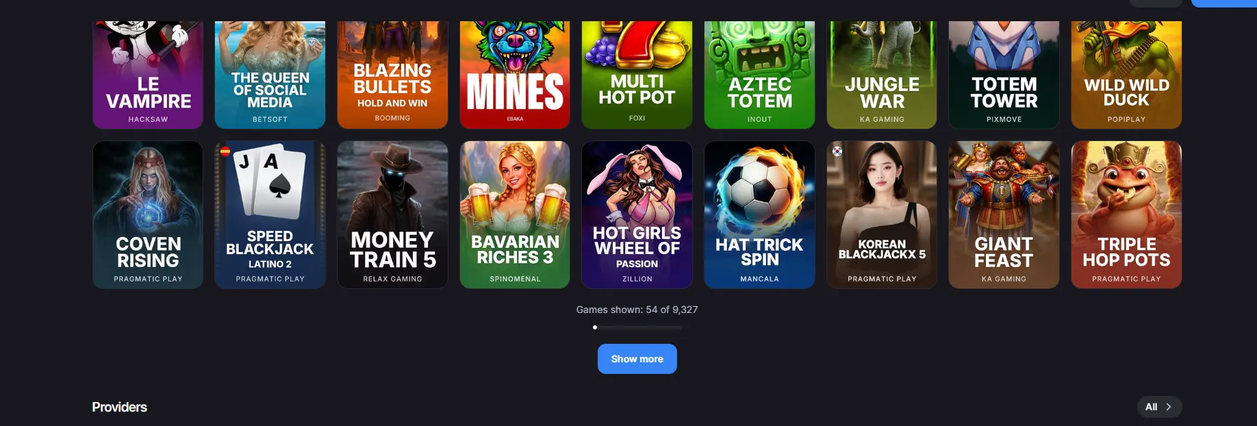 Provided screenshot of game tiles and a catalogue counter showing 54 of 9,327.