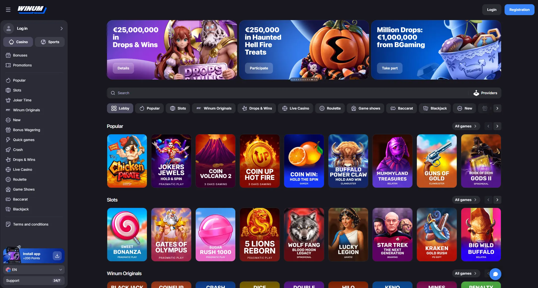 Provided Winum screenshot showing lobby navigation, promotional panels and game tiles.