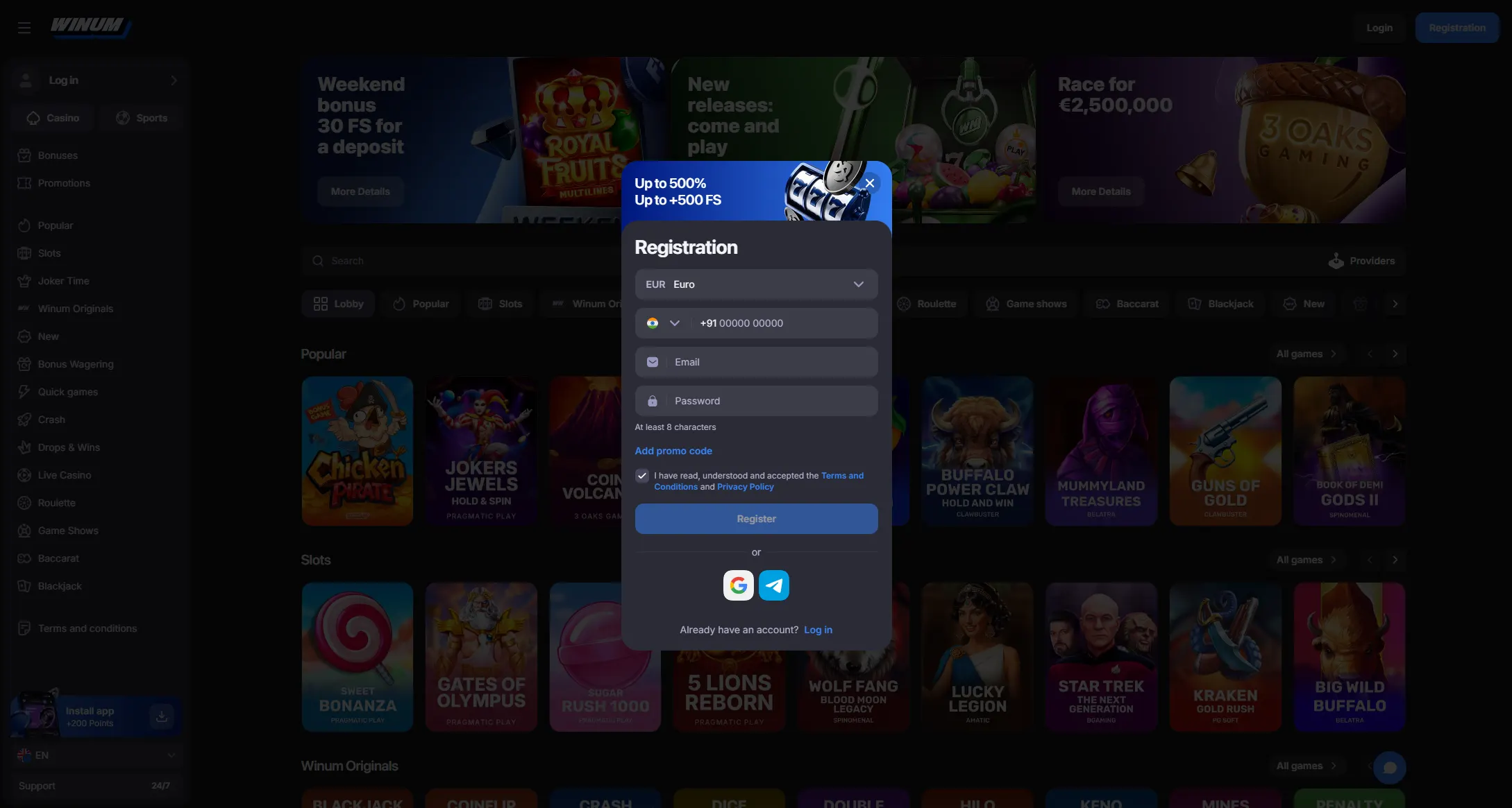 Provided screenshot of an empty registration dialog with a country selector, currency selector and email/password fields.